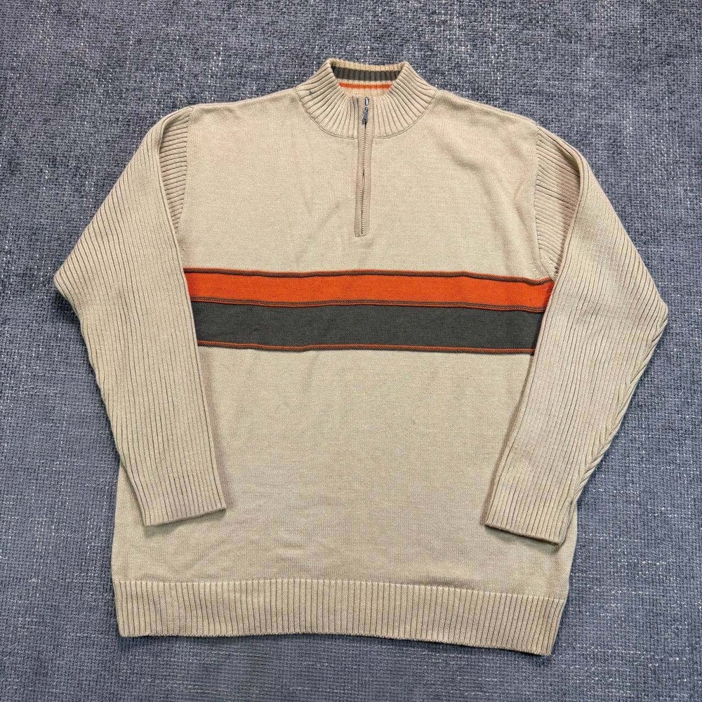 Casa Moda Sports Quarter Zip Sweater Mens XL Tan Orange Stripe Ribbed Sleeve